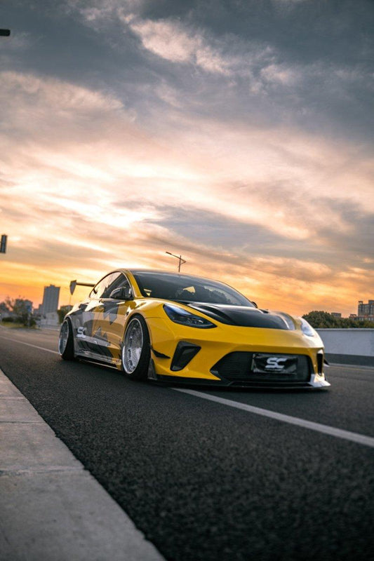 Tesla Model 3 Performance Long Range Standard Base 2017 2018 2019 2020 2021 2022 2023 with Aftermarket Parts - "Hacker" Widebody Wheel Arches & Side Skirts Carbon Fiber / FRP from Robot Craftsman