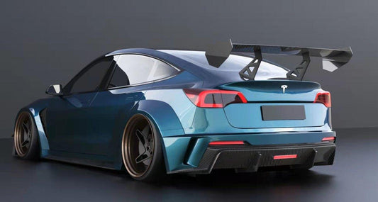 Tesla Model 3 Performance Long Range Standard Base 2017 2018 2019 2020 2021 2022 2023 with Aftermarket Parts - "Hacker" Widebody Wheel Arches & Side Skirts Carbon Fiber / FRP from Robot Craftsman