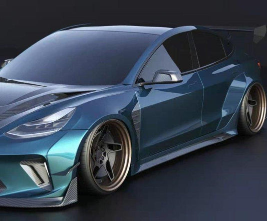 Tesla Model 3 Performance Long Range Standard Base 2017 2018 2019 2020 2021 2022 2023 with Aftermarket Parts - "Hacker" Widebody Wheel Arches & Side Skirts Carbon Fiber / FRP from Robot Craftsman