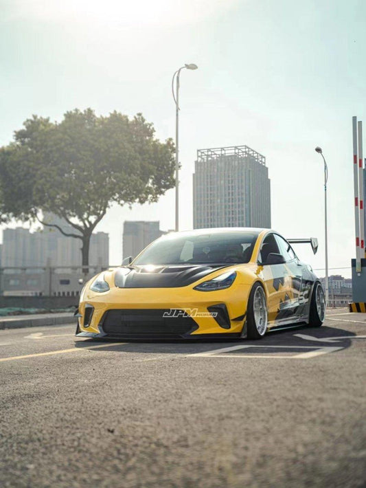 Tesla Model 3 Performance Long Range Standard Base 2017 2018 2019 2020 2021 2022 2023 with Aftermarket Parts - "Hacker" Widebody Wheel Arches & Side Skirts Carbon Fiber / FRP from Robot Craftsman