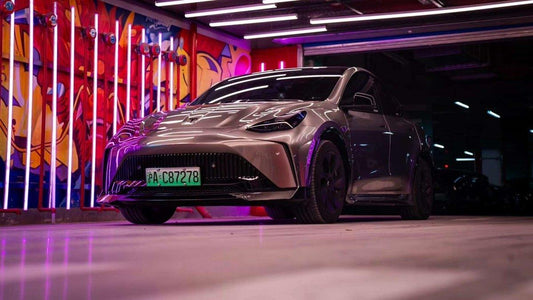 Tesla Model Y Performance AWD Long Range RWD Standard 2020 2021 2023 2024 with Aftermarket Parts - "STARSHIP" Stage 1 Corner Lip (2 pcs) & Stage 2 Corner Lip (4 pcs) & Front Bumper Carbon Fiber from Robot Craftsman