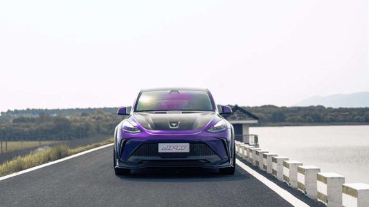 Tesla Model Y Performance AWD Long Range RWD Standard 2020 2021 2023 2024 with Aftermarket Parts - "STARSHIP" Stage 1 Corner Lip (2 pcs) & Stage 2 Corner Lip (4 pcs) & Front Bumper Carbon Fiber from Robot Craftsman