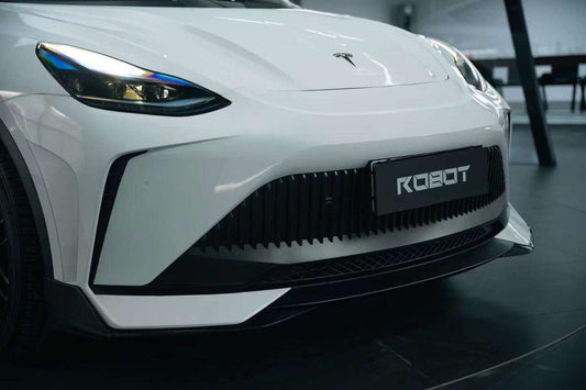 Tesla Model Y Performance AWD Long Range RWD Standard 2020 2021 2023 2024 with Aftermarket Parts - "STARSHIP" Stage 1 Corner Lip (2 pcs) & Stage 2 Corner Lip (4 pcs) & Front Bumper Carbon Fiber from Robot Craftsman