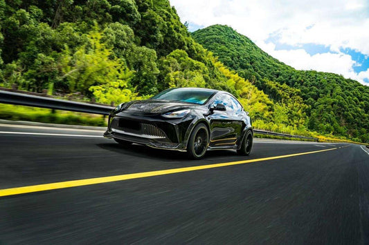 Tesla Model Y Performance AWD Long Range RWD Standard 2020 2021 2023 2024 with Aftermarket Parts - "STARSHIP" Stage 1 Corner Lip (2 pcs) & Stage 2 Corner Lip (4 pcs) & Front Bumper Carbon Fiber from Robot Craftsman