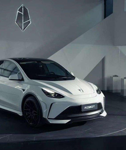 Tesla Model Y Performance AWD Long Range RWD Standard 2020 2021 2023 2024 with Aftermarket Parts - "STARSHIP" Stage 1 Corner Lip (2 pcs) & Stage 2 Corner Lip (4 pcs) & Front Bumper Carbon Fiber from Robot Craftsman