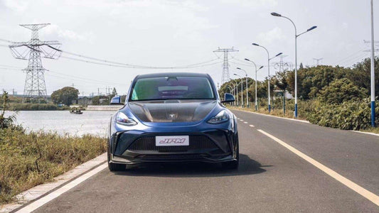Tesla Model Y Performance AWD Long Range RWD Standard 2020 2021 2023 2024 with Aftermarket Parts - "STARSHIP" Stage 1 Corner Lip (2 pcs) & Stage 2 Corner Lip (4 pcs) & Front Bumper Carbon Fiber from Robot Craftsman