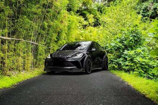 Tesla Model Y Performance AWD Long Range RWD Standard 2020 2021 2023 2024 with Aftermarket Parts - "STARSHIP" Stage 1 Corner Lip (2 pcs) & Stage 2 Corner Lip (4 pcs) & Front Bumper Carbon Fiber from Robot Craftsman
