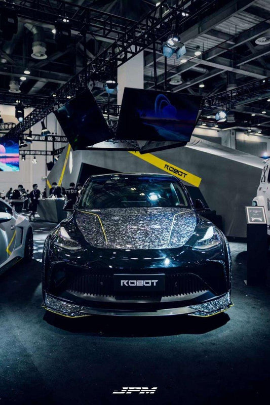 Tesla Model Y Performance AWD Long Range RWD Standard 2020 2021 2023 2024 with Aftermarket Parts - "STARSHIP" Stage 1 Corner Lip (2 pcs) & Stage 2 Corner Lip (4 pcs) & Front Bumper Carbon Fiber from Robot Craftsman