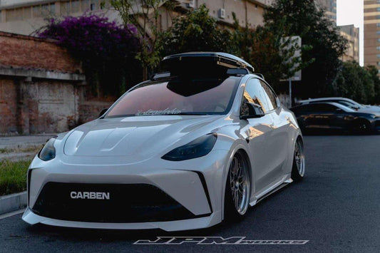 Tesla Model Y Performance AWD Long Range RWD Standard 2020 2021 2023 2024 with Aftermarket Parts - "STARSHIP" Stage 1 Corner Lip (2 pcs) & Stage 2 Corner Lip (4 pcs) & Front Bumper Carbon Fiber from Robot Craftsman