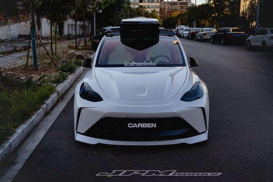 Tesla Model Y Performance AWD Long Range RWD Standard 2020 2021 2023 2024 with Aftermarket Parts - "STARSHIP" Stage 1 Corner Lip (2 pcs) & Stage 2 Corner Lip (4 pcs) & Front Bumper Carbon Fiber from Robot Craftsman