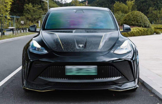 Tesla Model Y Performance AWD Long Range RWD Standard 2020 2021 2023 2024 with Aftermarket Parts - "STARSHIP" Stage 1 Corner Lip (2 pcs) & Stage 2 Corner Lip (4 pcs) & Front Bumper Carbon Fiber from Robot Craftsman