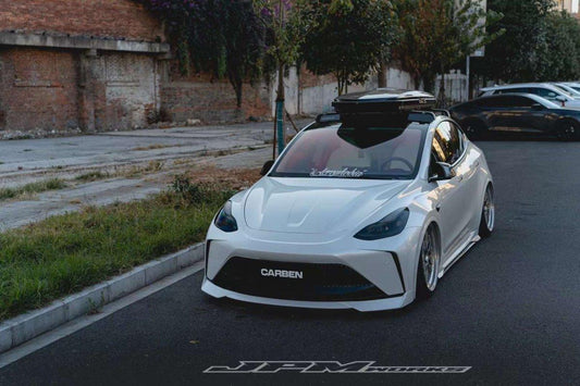 Tesla Model Y Performance AWD Long Range RWD Standard 2020 2021 2023 2024 with Aftermarket Parts - "STARSHIP" Stage 1 Corner Lip (2 pcs) & Stage 2 Corner Lip (4 pcs) & Front Bumper Carbon Fiber from Robot Craftsman