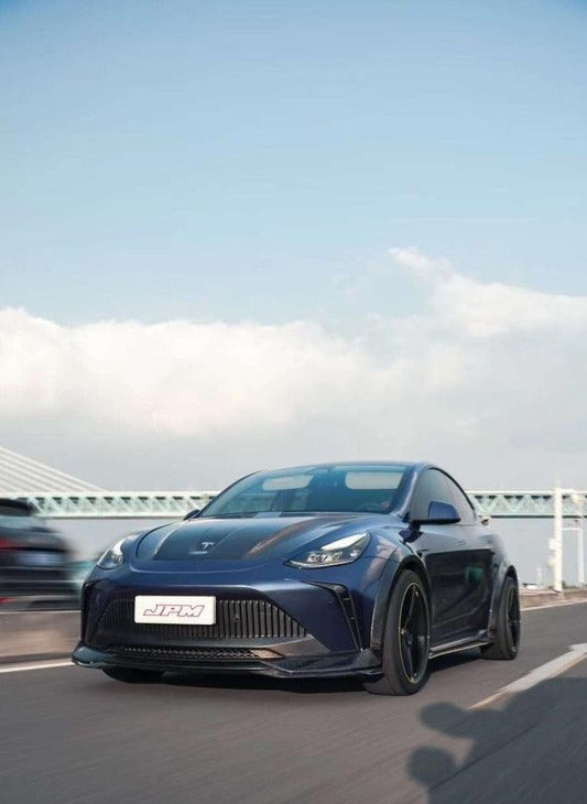 Tesla Model Y Performance AWD Long Range RWD Standard 2020 2021 2023 2024 with Aftermarket Parts - "STARSHIP" Stage 1 Corner Lip (2 pcs) & Stage 2 Corner Lip (4 pcs) & Front Bumper Carbon Fiber from Robot Craftsman