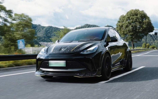 Tesla Model Y Performance AWD Long Range RWD Standard 2020 2021 2023 2024 with Aftermarket Parts - "STARSHIP" Stage 1 Corner Lip (2 pcs) & Stage 2 Corner Lip (4 pcs) & Front Bumper Carbon Fiber from Robot Craftsman
