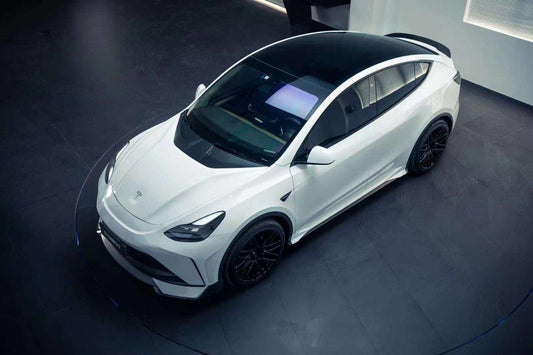Tesla Model Y Performance AWD Long Range RWD Standard 2020 2021 2023 2024 with Aftermarket Parts - "STARSHIP" Stage 1 Corner Lip (2 pcs) & Stage 2 Corner Lip (4 pcs) & Front Bumper Carbon Fiber from Robot Craftsman