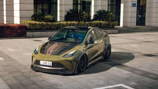 Tesla Model Y Performance AWD Long Range RWD Standard 2020 2021 2023 2024 with Aftermarket Parts - "STARSHIP" Stage 1 Corner Lip (2 pcs) & Stage 2 Corner Lip (4 pcs) & Front Bumper Carbon Fiber from Robot Craftsman