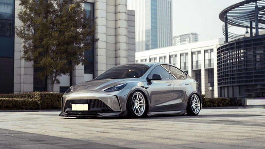 Tesla Model Y Performance AWD Long Range RWD Standard 2020 2021 2023 2024 with Aftermarket Parts - "STARSHIP" Stage 1 Corner Lip (2 pcs) & Stage 2 Corner Lip (4 pcs) & Front Bumper Carbon Fiber from Robot Craftsman