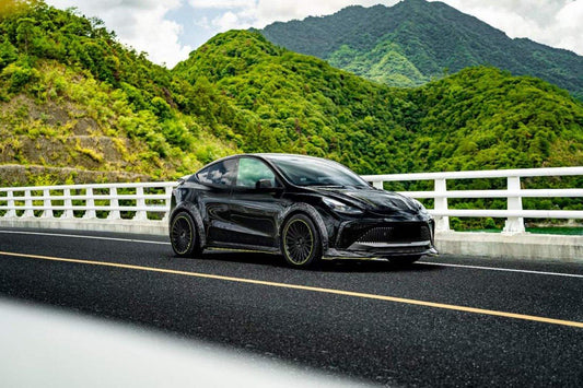 Tesla Model Y Performance AWD Long Range RWD Standard 2020 2021 2023 2024 with Aftermarket Parts - "STARSHIP" Stage 1 Corner Lip (2 pcs) & Stage 2 Corner Lip (4 pcs) & Front Bumper Carbon Fiber from Robot Craftsman