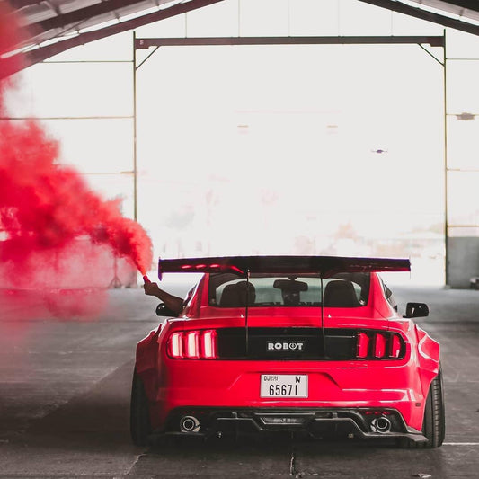 Ford Mustang Ecoboost V6 GT March1 Bullitt S550.1 S550.2 2015 2016 2017 2018 2019 2020 2021 2022 2023 (note: dual exhaust tips) with Aftermarket Parts - "STORM" Rear GT Wing Carbon Fiber / FRP from Robot Craftsman