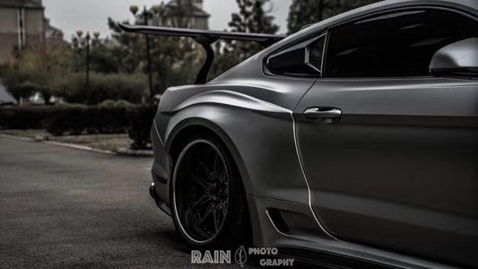 Ford Mustang Ecoboost V6 GT March1 Bullitt S550.1 S550.2 2015 2016 2017 2018 2019 2020 2021 2022 2023 (note: dual exhaust tips) with Aftermarket Parts - "STORM" Rear GT Wing Carbon Fiber / FRP from Robot Craftsman