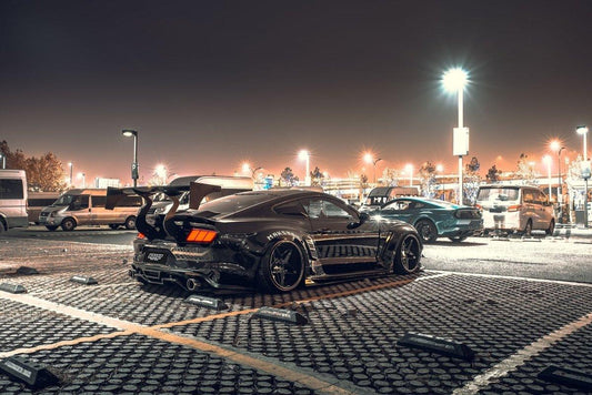 Ford Mustang Ecoboost V6 GT March1 Bullitt S550.1 S550.2 2015 2016 2017 2018 2019 2020 2021 2022 2023 (note: dual exhaust tips) with Aftermarket Parts - "STORM" Rear GT Wing Carbon Fiber / FRP from Robot Craftsman