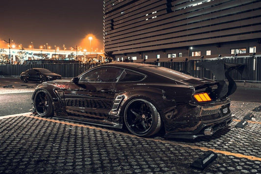 Ford Mustang Ecoboost V6 GT March1 Bullitt S550.1 S550.2 2015 2016 2017 2018 2019 2020 2021 2022 2023 (note: dual exhaust tips) with Aftermarket Parts - "STORM" Rear GT Wing Carbon Fiber / FRP from Robot Craftsman