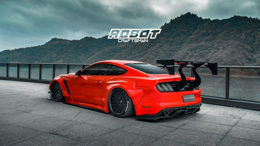 Ford Mustang Ecoboost V6 GT March1 Bullitt S550.1 S550.2 2015 2016 2017 2018 2019 2020 2021 2022 2023 (note: dual exhaust tips) with Aftermarket Parts - "STORM" Rear GT Wing Carbon Fiber / FRP from Robot Craftsman