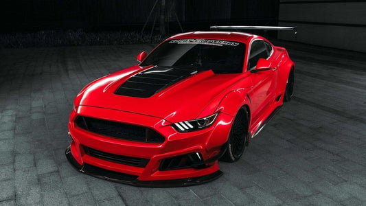 Ford Mustang Ecoboost V6 GT S550.1 2015 2016 2017 & Mustang Ecoboost V6 GT March1 Bullitt S550.1 S550.2 2015 2016 2017 2018 2019 2020 2021 2022 2023 & Mustang Ecoboost V6 GT March1 Bullitt S550.2 2018 2019 2020 2021 2022 2023 with Aftermarket Parts - STORM Widebody Front Bumper & Lip & Replacement Front Lip Only Carbon Fiber/FRP from Robot Craftsman