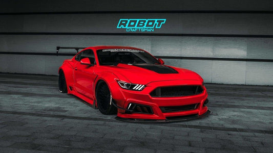 Ford Mustang Ecoboost V6 GT S550.1 2015 2016 2017 & Mustang Ecoboost V6 GT March1 Bullitt S550.1 S550.2 2015 2016 2017 2018 2019 2020 2021 2022 2023 & Mustang Ecoboost V6 GT March1 Bullitt S550.2 2018 2019 2020 2021 2022 2023 with Aftermarket Parts - STORM Widebody Front Bumper & Lip & Replacement Front Lip Only Carbon Fiber/FRP from Robot Craftsman