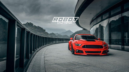 Ford Mustang Ecoboost V6 GT S550.1 2015 2016 2017 & Mustang Ecoboost V6 GT March1 Bullitt S550.1 S550.2 2015 2016 2017 2018 2019 2020 2021 2022 2023 & Mustang Ecoboost V6 GT March1 Bullitt S550.2 2018 2019 2020 2021 2022 2023 with Aftermarket Parts - STORM Widebody Front Bumper & Lip & Replacement Front Lip Only Carbon Fiber/FRP from Robot Craftsman