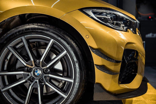 BMW 3 Series 330i (with M-package bumper, does not fit base model) M340i G20 Pre-LCI 2019 2020 2021 2022 with Aftermarket Parts - V1 Style Front Lip Pre-preg Carbon Fiber from TAKD Carbon