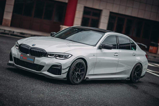 BMW 3 Series 330i (with M-package bumper, does not fit base model) M340i G20 Pre-LCI 2019 2020 2021 2022 with Aftermarket Parts - V2 Style Front Lip Pre-preg Carbon Fiber from TAKD Carbon