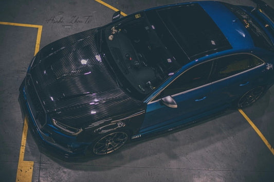 Audi RS3 S3 A3 8V/8V.5 2014 2015 2016 2017 2018 2019 2020 with Aftermarket Parts - Hood Pre-preg Carbon Fiber from TAKD Carbon