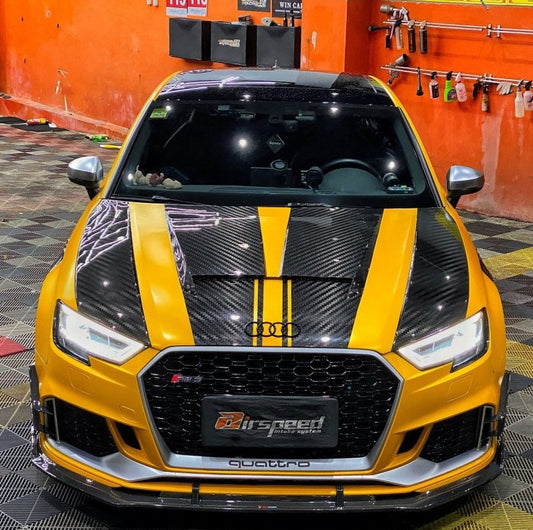 Audi RS3 S3 A3 8V/8V.5 2014 2015 2016 2017 2018 2019 2020 with Aftermarket Parts - Hood Pre-preg Carbon Fiber from TAKD Carbon