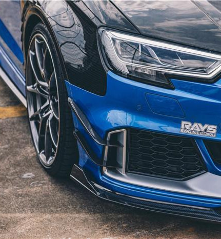 Audi RS3 8V.5 2018 2019 2020 with Aftermarket Parts - Front Canards Pre-preg Carbon Fiber from TAKD Carbon