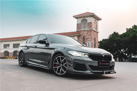 BMW 5 Series M550 540 530 (with M-package bumper, does not fit base model) G30 LCI 2021-ON with Aftermarket Parts - Front Bumper Upper Valences Trim Pre-preg Carbon Fiber from TAKD Carbon