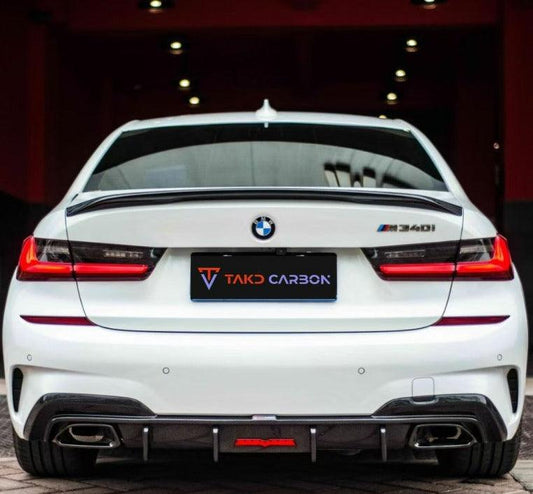 BMW 3 Series 330i (with M-package bumper, does not fit base model) M340i G20 Pre-LCI 2019 2020 2021 2022 with Aftermarket Parts - V2 Style Rear Diffuser & Canards Pre-preg Carbon Fiber from TAKD Carbon