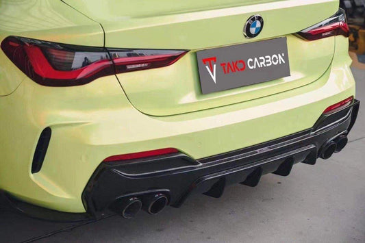 BMW 4 Series 430i (with M-package bumper, does not fit base model) M440i G22 G23 2020-ON with Aftermarket Parts - Rear Diffuser & Canards Pre-preg Carbon Fiber from TAKD Carbon