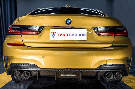 BMW 3 Series 330i (with M-package bumper,Does not fit base model) M340i G20 Pre-LCI 2019 2020 2021 2022 with Aftermarket Parts - V1 Style Rear Diffuser Pre-preg Carbon Fiber from TAKD Carbon