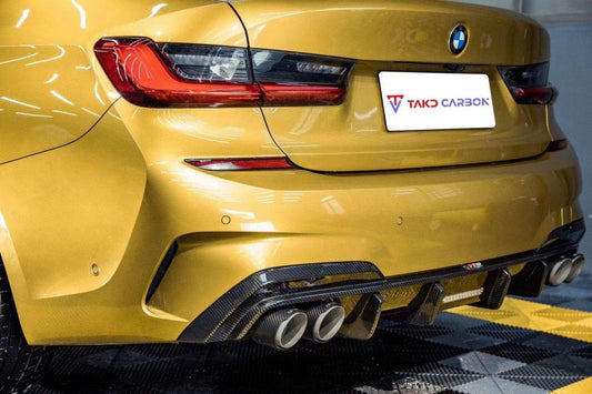 BMW 3 Series 330i (with M-package bumper,Does not fit base model) M340i G20 Pre-LCI 2019 2020 2021 2022 with Aftermarket Parts - V1 Style Rear Diffuser Pre-preg Carbon Fiber from TAKD Carbon