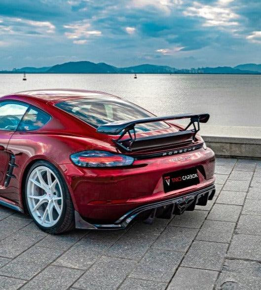 Porsche 718 Cayman / GTS 2017-ON with Aftermarket Parts - V2 Rear Wing Pre-preg Carbon Fiber from TAKD Carbon