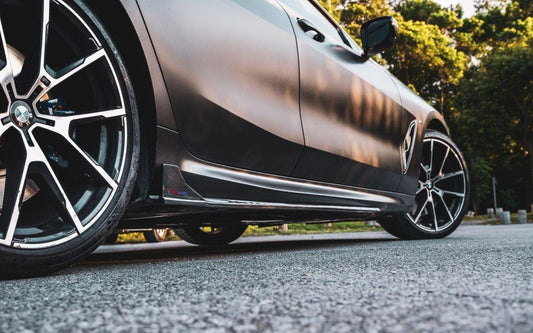 BMW 8 Series M850 840 G16 2018 2019 2020 2021 2022 2023 2024 with Aftermarket Parts - V1 Style Side Skirts Pre-preg Carbon Fiber from TAKD Carbon
