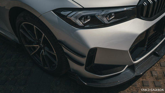 BMW 3 Series 330i (with M-package bumper, does not fit base model) M340i G20 LCI 2023-ON with Aftermarket Parts - Front Canards Pre-preg Carbon Fiber from TAKD Carbon