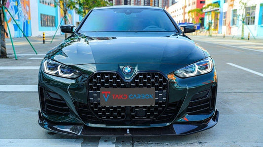 BMW I4 M50 / e Drive 40 (with M-package bumper, does not fit base G26 2022 2023 2024 & 4 Series Gran Coupe M440i 430i (with M-package bumper,Does not fit base model) G26 2022 2023 2024 with Aftermarket Parts - Front Lip Pre-preg Carbon Fiber from TAKD Carbon