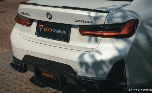 BMW 3 Series 330i (with M-package bumper, does not fit base model) M340i G20 LCI 2023-ON with Aftermarket Parts - V1 Style Rear Diffuser & Canards Pre-preg Carbon Fiber from TAKD Carbon