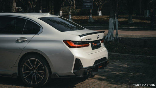 BMW 3 Series 330i (with M-package bumper, does not fit base model) M340i G20 LCI 2023-ON with Aftermarket Parts - V1 Style Rear Diffuser & Canards Pre-preg Carbon Fiber from TAKD Carbon