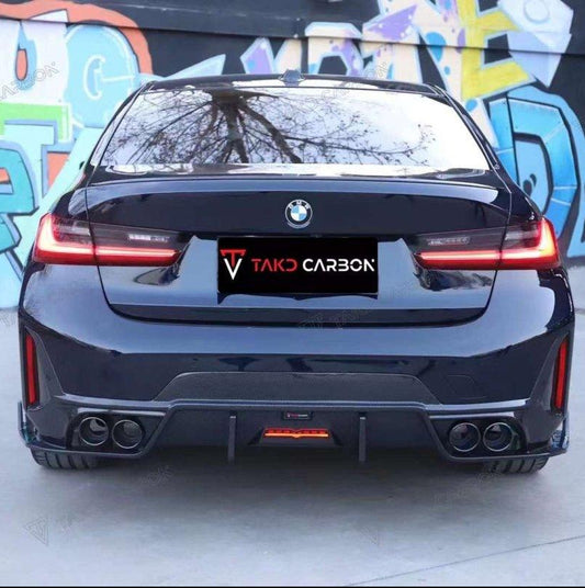 BMW 3 Series 330i (with M-package bumper, does not fit base model) M340i G20 LCI 2023-ON with Aftermarket Parts - V1 Style Rear Diffuser & Canards Pre-preg Carbon Fiber from TAKD Carbon