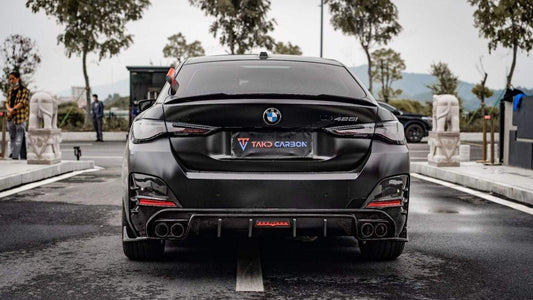 BMW 4 M50 / e Drive 40 (with M-package bumper, does not fit base model) G26 2022 2023 2024 & 4 Series Gran Coupe M440i 430i (with M-package bumper, does not fit base model) G26 2022 2023 2024 with Aftermarket Parts - Rear Spoiler Pre-preg Carbon Fiber from TAKD Carbon