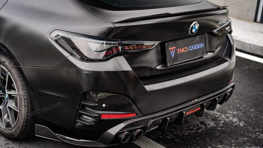 BMW 4 M50 / e Drive 40 (with M-package bumper, does not fit base model) G26 2022 2023 2024 & 4 Series Gran Coupe M440i 430i (with M-package bumper, does not fit base model) G26 2022 2023 2024 with Aftermarket Parts - Rear Spoiler Pre-preg Carbon Fiber from TAKD Carbon