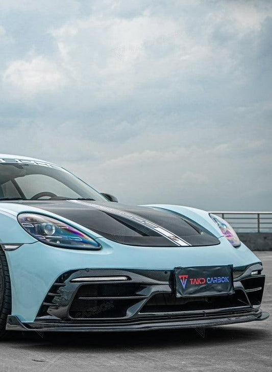 Porsche 718 Cayman / Boxster / GTS 2017-ON with Aftermarket Parts - Front Bumper & Lip Pre-preg Carbon Fiber from TAKD Carbon